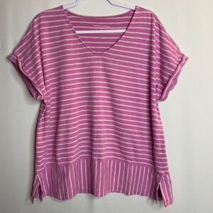 Soft Surroundings Fuchsia Striped V-Neck Short Cuffed Dolman Sleeves Size XL